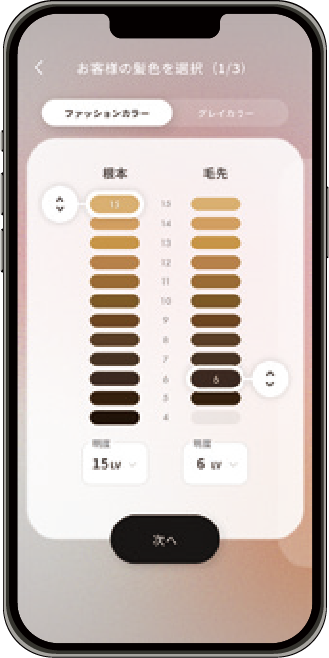 お客様の髪色を選択する画面