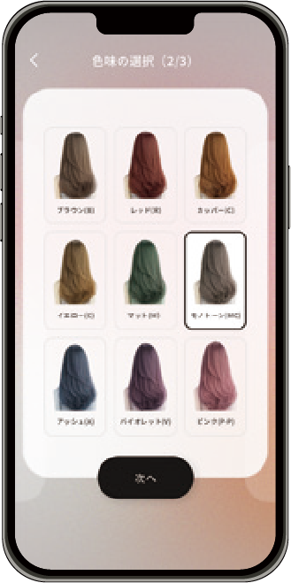 9色から色味を選択する画面